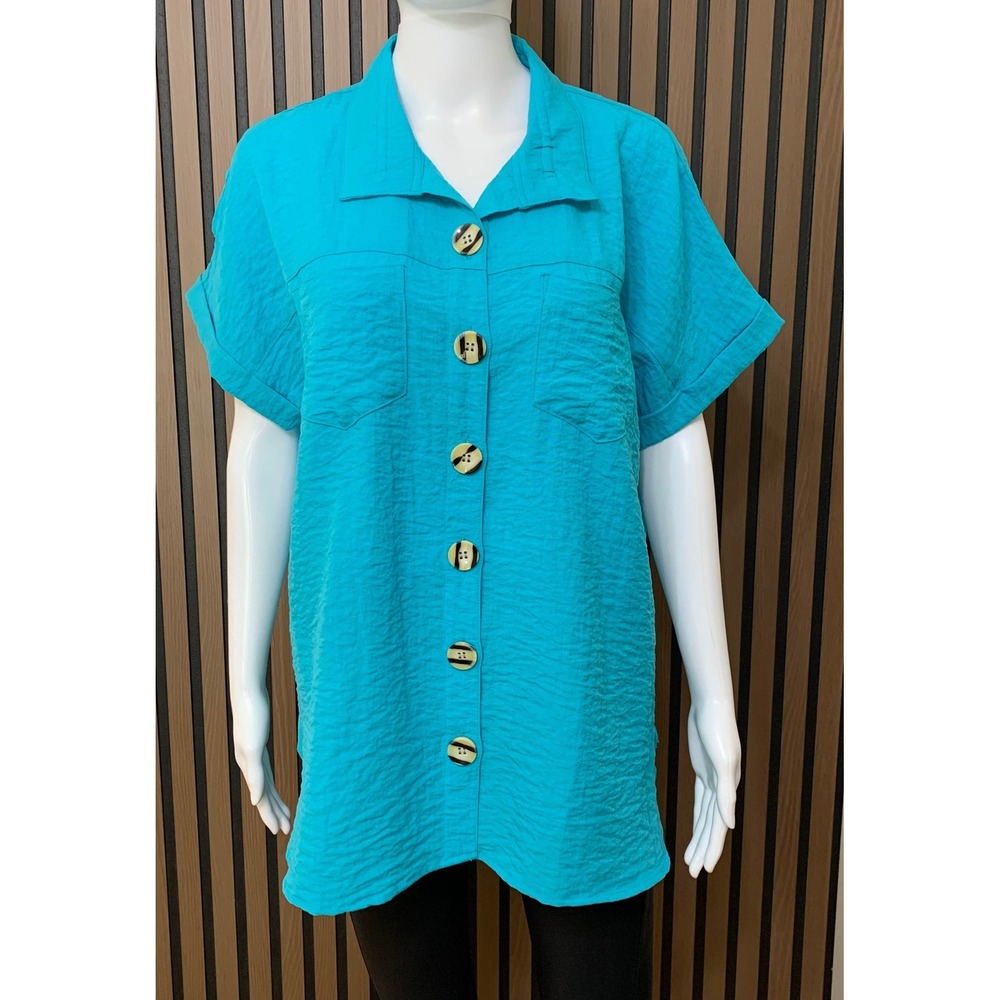 John Mark Blue Crinkle Textured Button Front Shirt Short Sleeve M Lagenlook